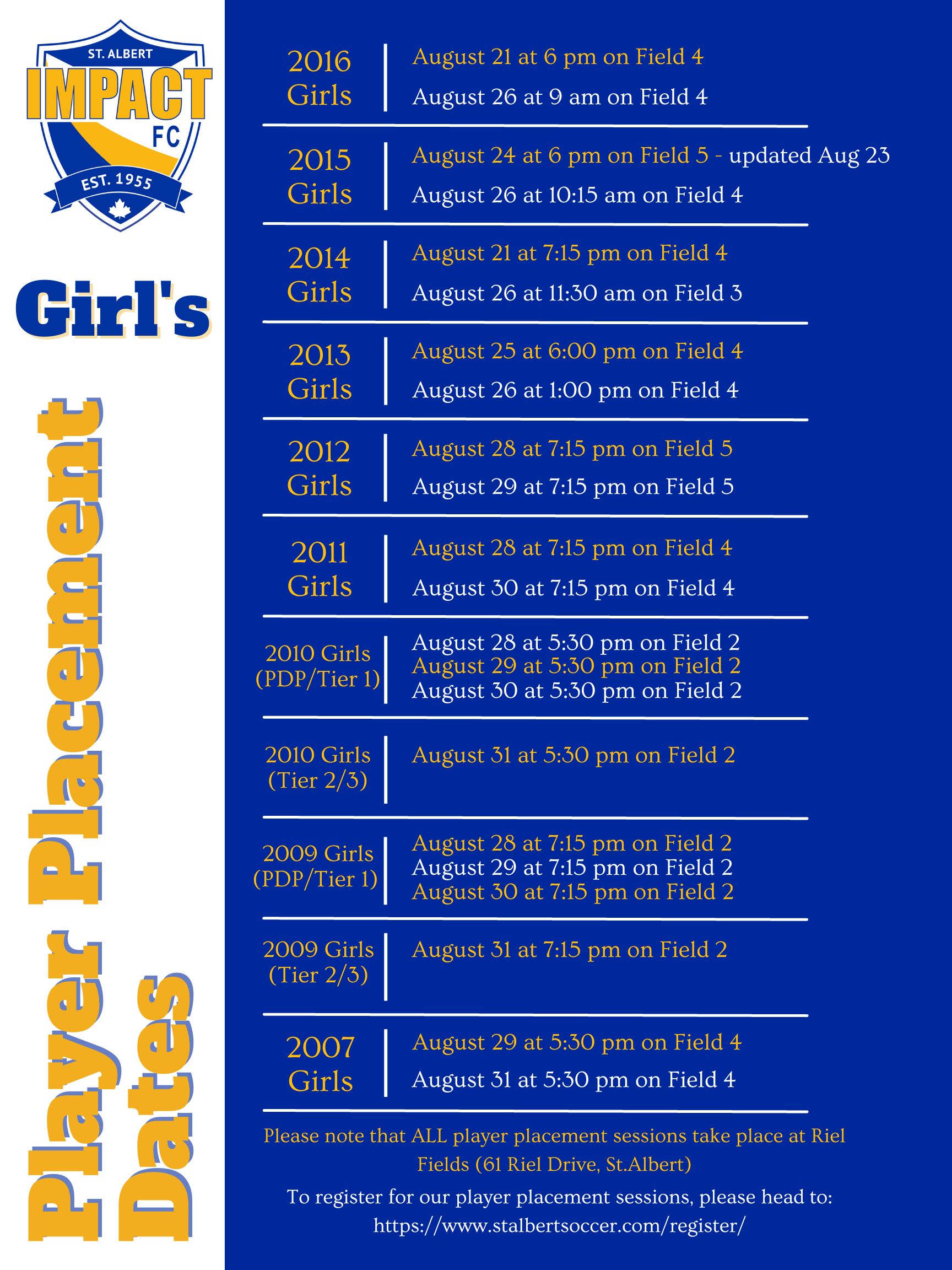 Player placement dates girls - updated Aug 23