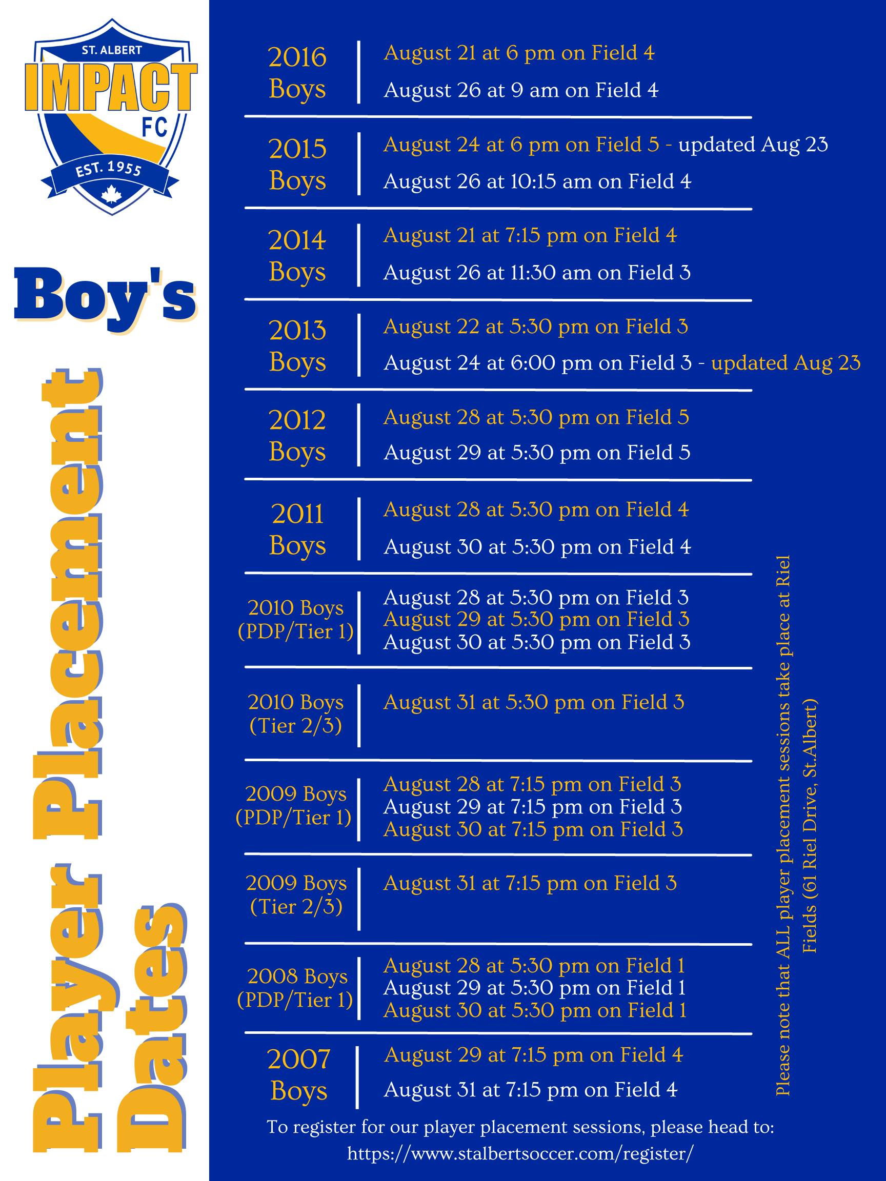 player placement dates boys - updated Aug 23